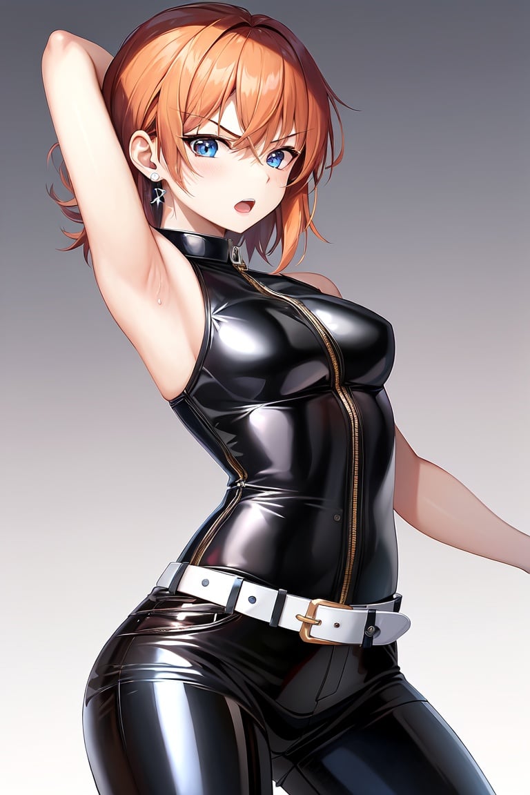 Image of 1 girl (dark latex skin), solo, medium hair, orange hair, bangs, angry, open mouth, blue eyes, young, small breasts, latex sleeveless+, latex gloves, white shirt, belt, skirt, detailed  latex cloth, (dynamic pose), (perfect angle), (perfect anatomy), (perfect female latex body), highres+, masterpiece++, (perfect hands), high quality, ultra quality++, wallpaper+++, eyebrows visible through hair