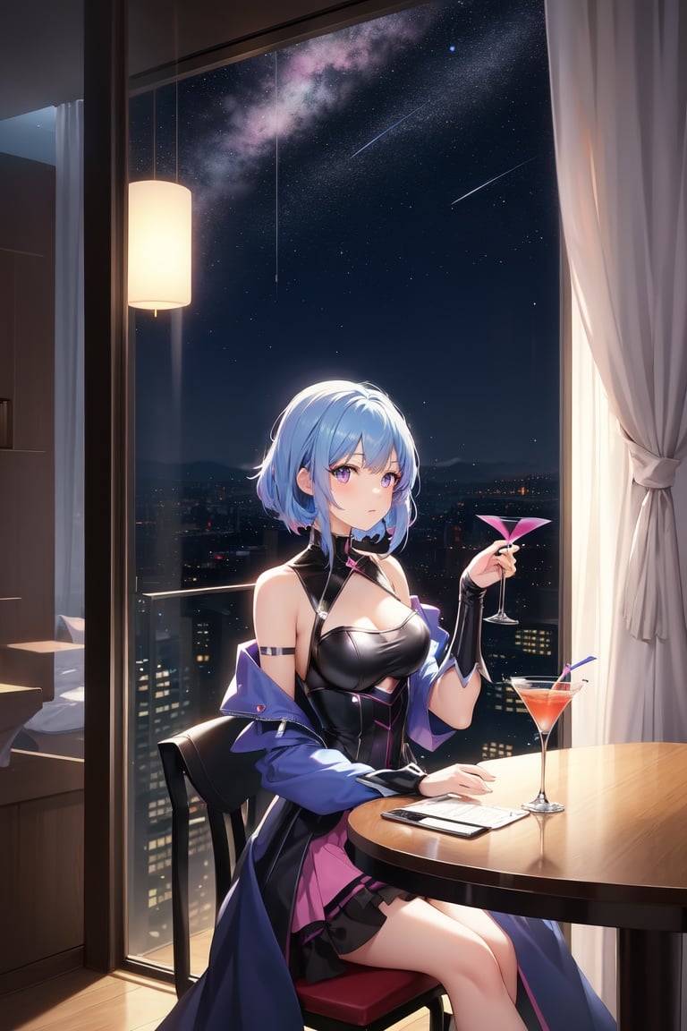 Image of scenery+,cyber punk, magical girl, 1girl 25years old, blue hair pink eyes, lorita dress, metal table, cocktail glass, glass, whine glass, starry sky, light rays, best quality