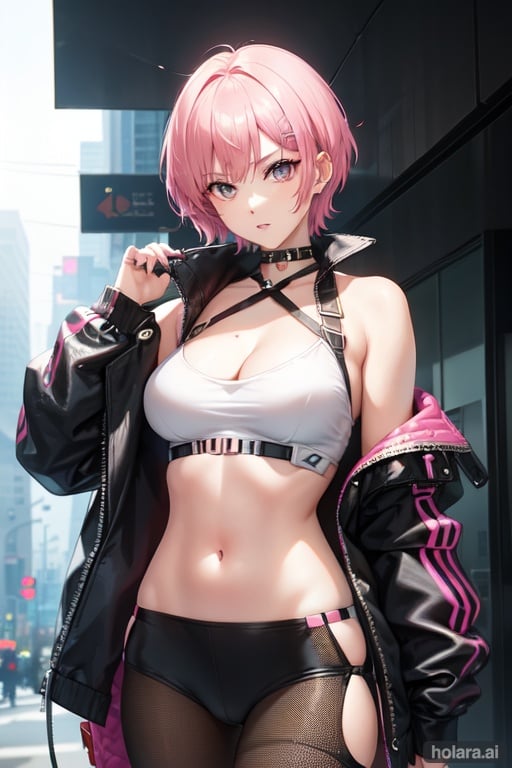Image of WOMAN WITH SHORT HAIR I WITH PINK HAIR I WITH cyberpunk WEAPON