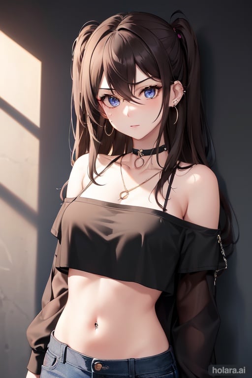 Image of masterpiece++, ultra-detailed++, pixiv++, best shadows++, best lighting++, best quality++, cinematic shot, rim lightning, 1girl, solo, piercing, choker, ear piercing, jewelry, long hair, looking at viewer, navel, shirt, blue eyes, black choker, necklace, two side up, earrings, upper body, simple background, bangs, brown hair, midriff, black shirt, chain, hair between eyes, off shoulder