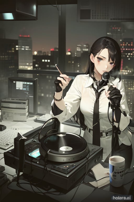 Image of 1girl, night, office, office clothes, smoking, radio, mic,, announcer, dark hair, shadow, greyscale, monochrome