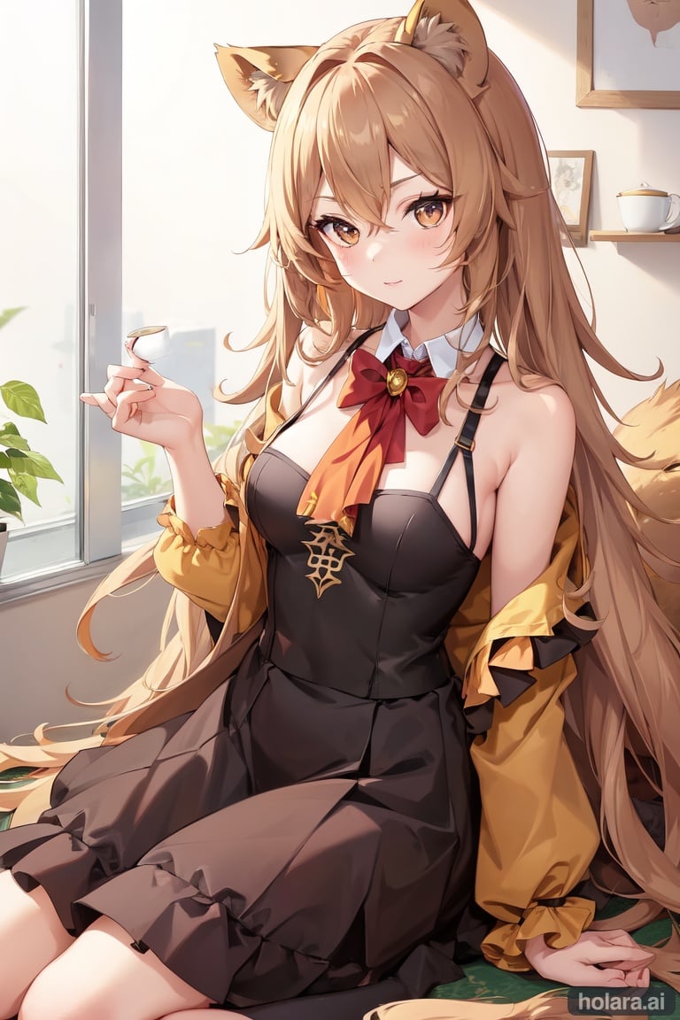 Image of Anime Girl with lion ears, wearing formal fall dress, colors are Brown Lilac and Gold, Aromatic Tea, masterpiece, best quality
