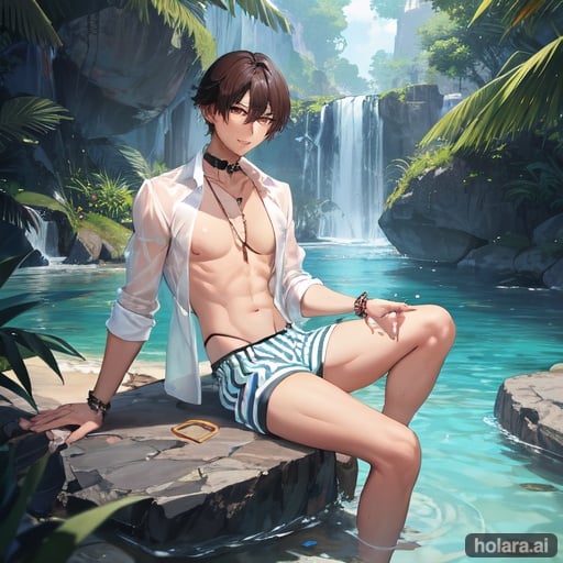 Image of young slender shirtless Thai male with dark brown skin wearing a see-through white shirt, striped cyan shorts and an ornate choker sitting on a rock beside a river