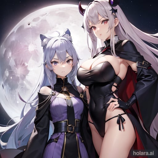 Image of 2girl, lilac hair, iliac cultist robes, serious face, blueberry eyes, big breas, moon, moon cultist, blueberry skin, large breast, masked face