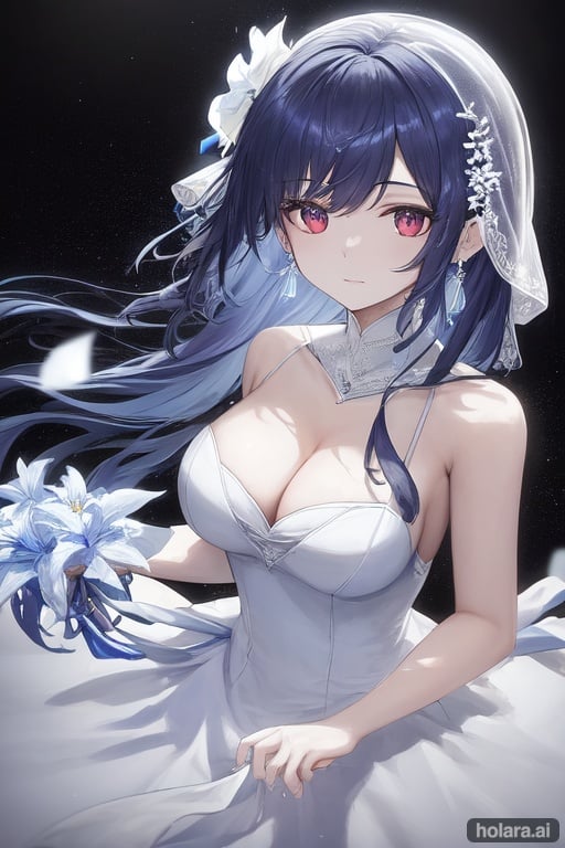 Image of 1girl, solo, White wedding dress, cinematic lighting, atmospheric, Dark blue hair, Cleavage, Long earrings, night sky in background, blue lily bouquet, hair ornament