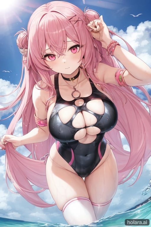 Image of  thighhighs,  hair ornament, pink hair. pink eyes, swimsuit under clothes,  closed mouth, very long hair, one-piece swimsuit, big breasts,  jewelry,  eyebrows visible through hair