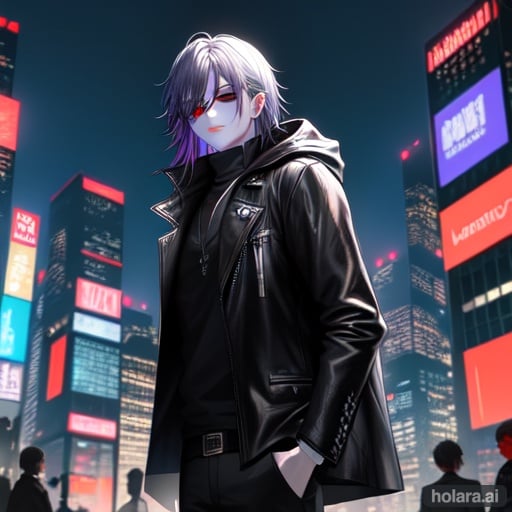 Image of handsome vampire, cyberpunk, city, night, wearing a hood