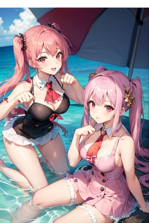 Image of 2girls, high quality, paw pose, from above, pink hair, red eyes, nervous, swimsuit, buttons, ascot, outdoors