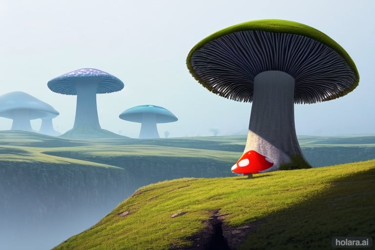 Image of (no humans), ultra detailed ++, 8k quality ++, 1giant mushroom in the background +++, a lot of mushrooms ++, (no trees) ++, fog +, pov +++, 