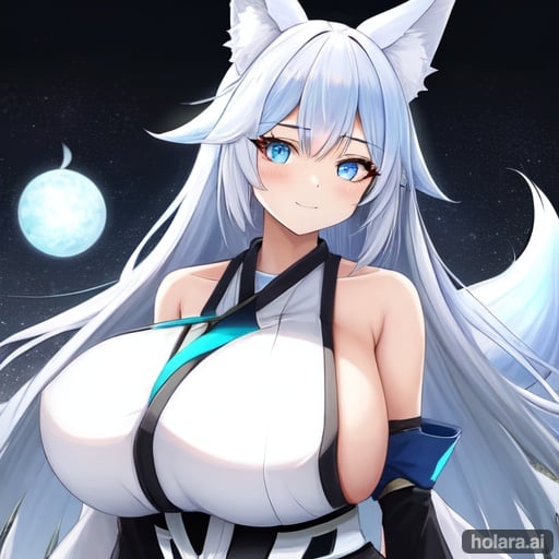 Image of 1girl, solo, long hair, blue eyes, fox ears, gigantic boobs, white hair