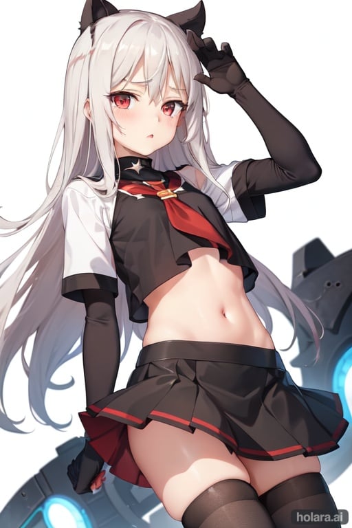 Image of Illya, thighhighs,  black legwear, glovesglove in mouth, skirt, long hair