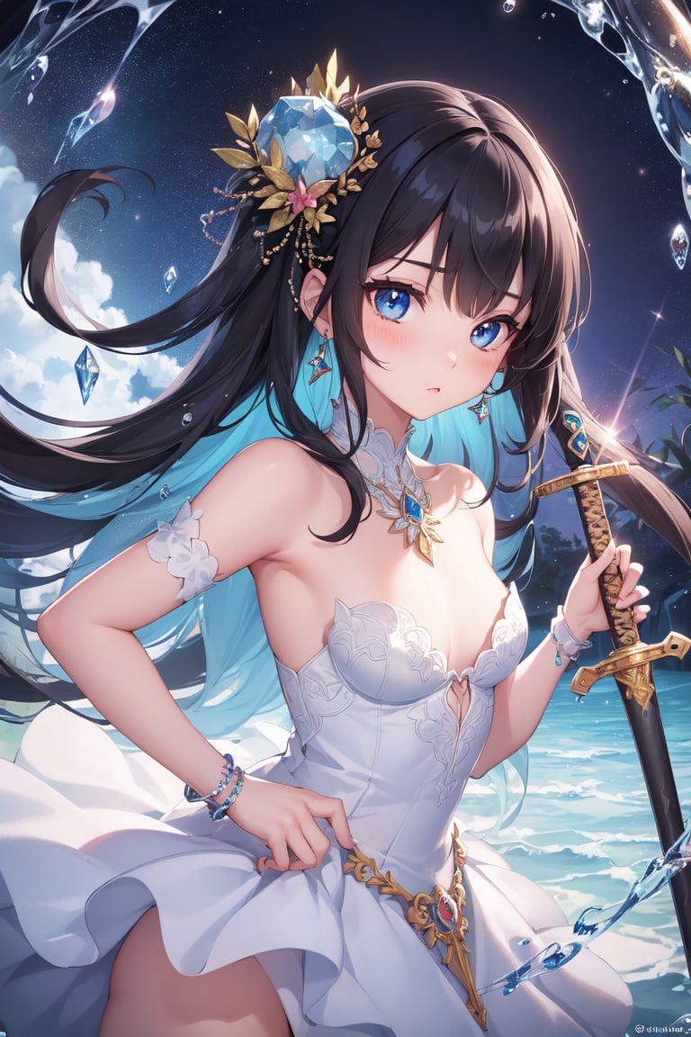 Image of masterpiece++, best quality++, ultra-detailed+, kawaii++, cute, lovely+, ilustration, (focus character), 1 girl, diamonds, water, rain, hair ornament, sword, ultra detailed dress, jewelry, diamonds, bare shoulders, white dress, (black hair), (blue eyes), (full color), vivid.