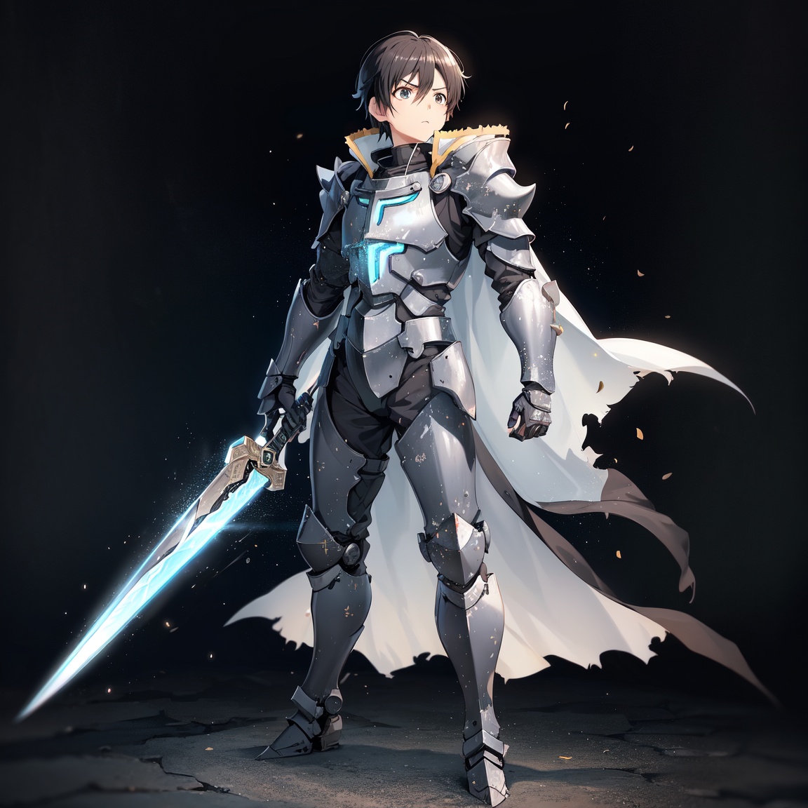 kirito (sao), 1boy, sword art online, black hair, cool armor+++, power armor+++, weapon, sword, 4k, 8k, ultra-detailed, standing, fantasy, perfect face, seriously, fantasy armor, the cloak on the armor, full body, paladin armor