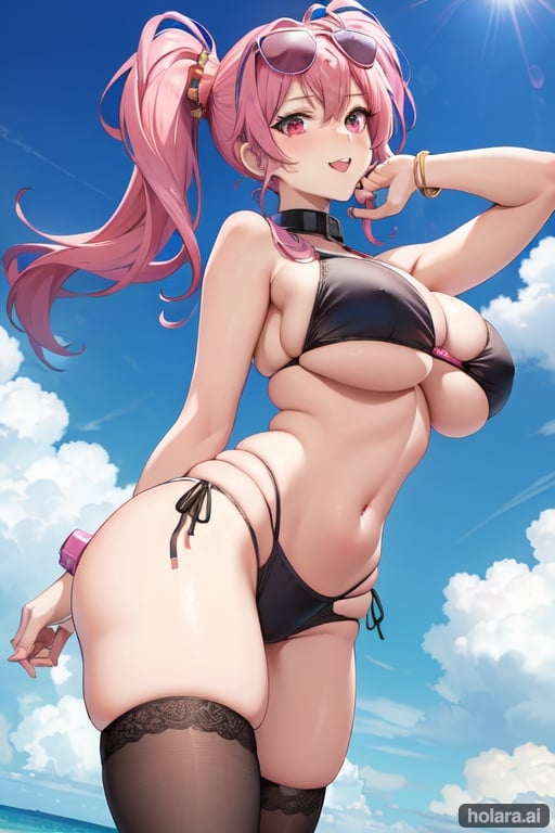 Image of thick thighs big breasts teen anime girl pink hair blue shade black bra dark blue shorts complex background perfect anatomy perfect lights and shadow focus on girl yandere seductive smile blush sungles open mouth  hair ornament bracelet holding water gun