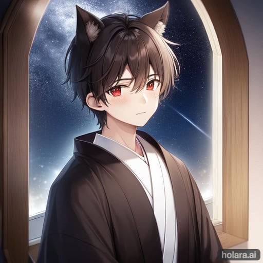 Image of high-quality, 1boy, solo, 17 years old, night, moonlight, crescent moon, blue hour, window++, upper body, looking away, noble, nervous, dark+ brown++ extra (short hair)---, All ears are out, red++ eyes, gothic man's fion, cloak