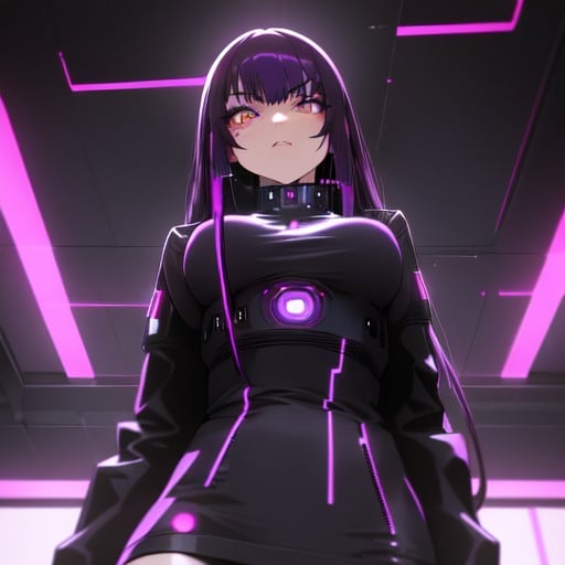 Image of 1girl, hypnotic+, brown eyes, purple hair, long hair, mesmerizing, staring, dominant++, charming++, soft, pullover, night, long sleeves, expressive eyes+++, looking at viewer, cyberpunk+++, from below, boots