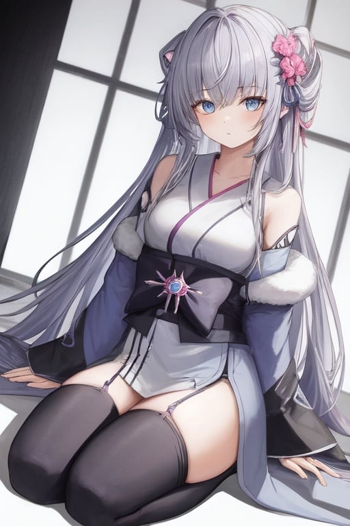 Image of 1girl, solo, sitting, seiza, dutch angle, silver hair/light blue, darker blue eyes, thighhighs, pink kimono, long hair