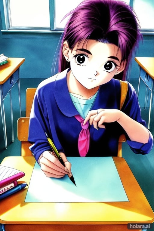 Image of 1 girl, seated, clroom, (drawing)++, (90's era)++++, 90's drawing, (look at her paper)+++, focused, perfect hand 