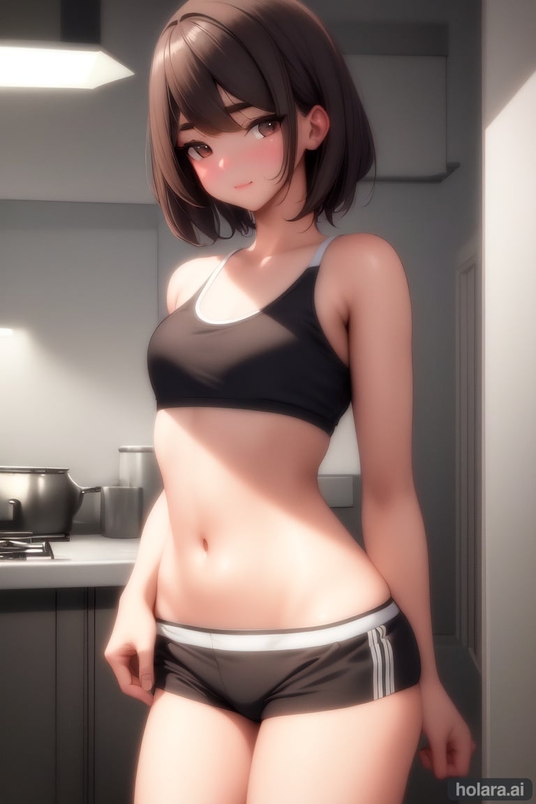 Image of 1girl, solo, short hair, kitchen, brown hair, gym shorts, white bra, small breasts, standing, ultra-detailed++, best quality++, masterpiece+++, super detailed skin, (cinematic lighting)+, light effect, illustration, cute face+++