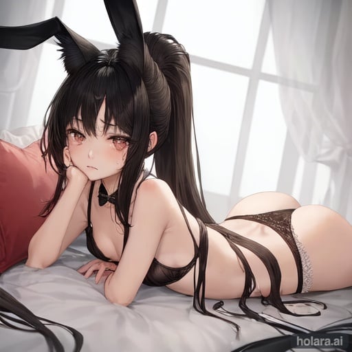 Image of masterpiece++, best quality++, ultra-detailed+, luxury bed, 2girls, 2 cute girls, underwear, beautiful black hair, beautiful brown eyes, beautiful eyes++, long hair, short hair, ponytail, cat ears, fox ears, rabbit ears, buttocks, flat breast, tiny breast, wearing underpants, slim, slender, light smile, crying, ashamed, troubled expression