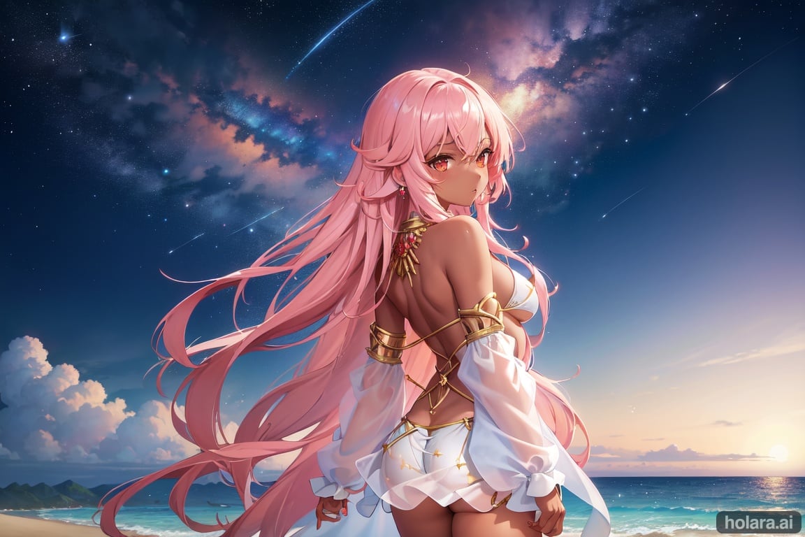 Image of woman on the beach, detailed anime style, long Pink hair, Golden eyes, 1woman,(dark skin),white robe, tropical beach ,night time, stars in the background, masterpiece+++, detailed, vibrant, jewellery, summer dress, highres++,backshot, looking back, shooting stars, horizon, mysterious, solo focus 