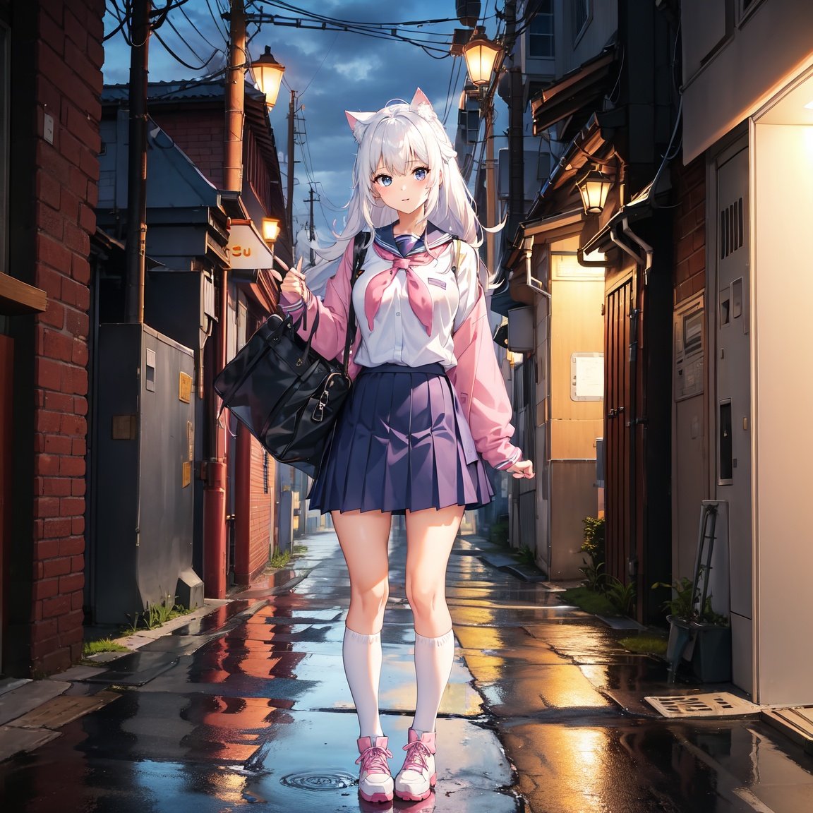 Image of school anime cat girl, blue skirt, white hair, pink boots, rain, night city, school uniform, wet clothes, skirt