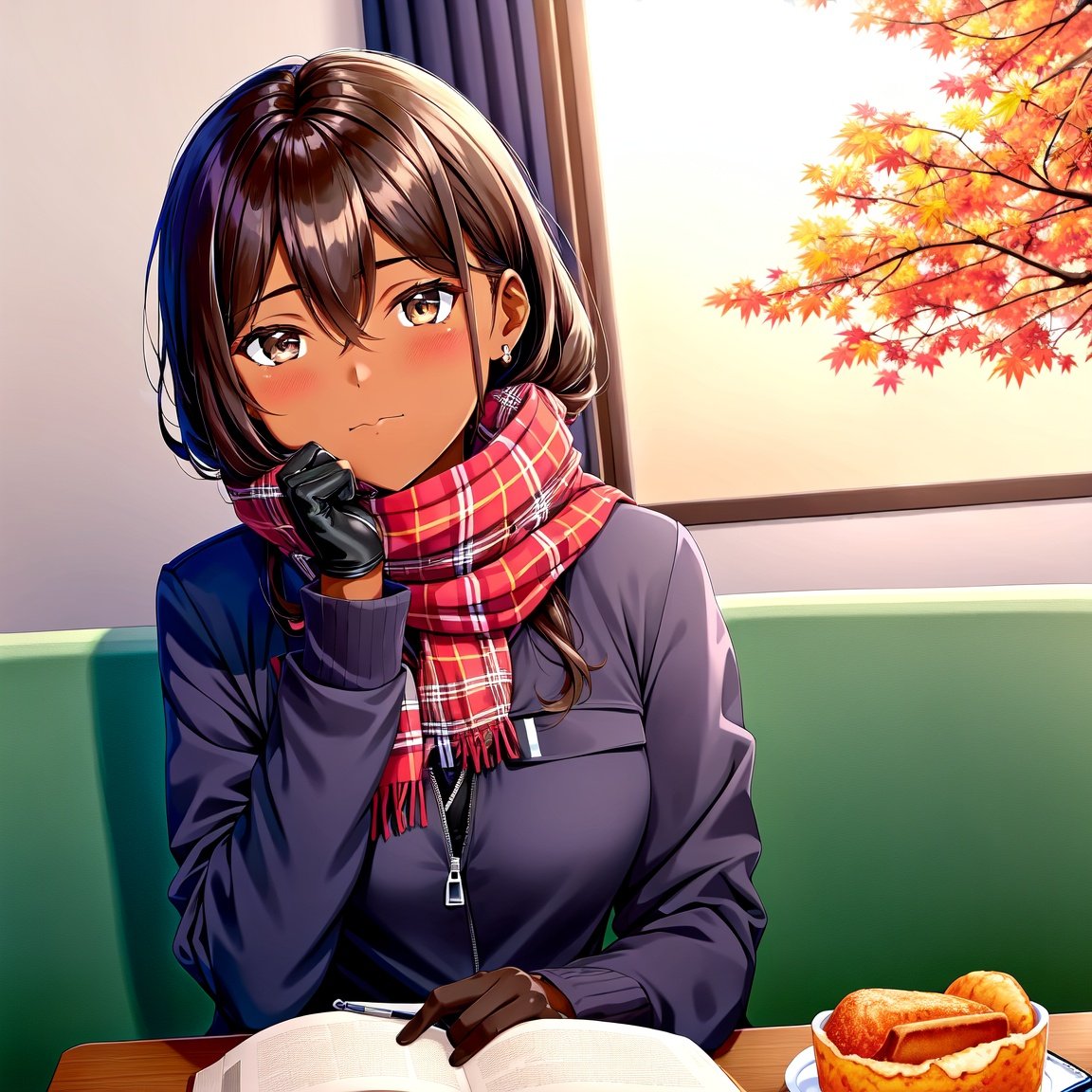 Image of 1girl, solo, (dark skin)+++, sitting, reclining, brown hair, grey eyes, blush, embarrassed, hoodie, loafers, scarf, gloves, indoors