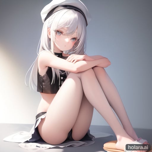 Image of 1girl, solo, sitting, hugging own legs, (white hair)++, (blue eyes)-, happy, hat, crop top, slippers++, lace trim, simple background