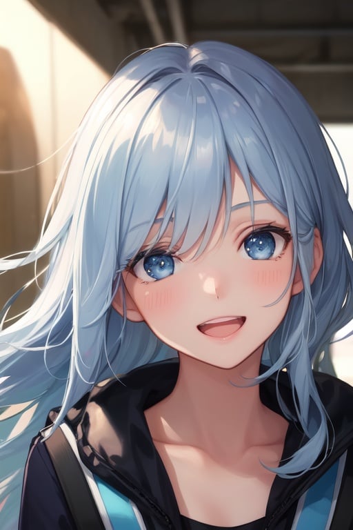 Image of silver blue hair, long hair, hair shimmer+, hair strands,oversized white jacket, backpack,wind blowing, from behind, looking at viewer, head tilt,close-up, :D, clenched teeth, , bright smile+,blushing, masterpiece++,ultra-detailed++, extremely detailed++, best lighting++, best quality++, cinematic shot+, extremely detailed eyes++, sunlight+, blurred background+, dutch angle