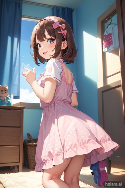 Image of A young four-year-old girl with short, brown hair wearing a pink dress with white polka dots and blue shoes is in her room smiling