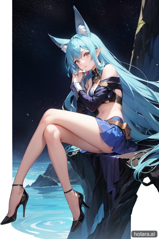 Image of 1girl, solo, fantasy-, sitting-, hugging own legs, from side, blue hair, yellow eyes, :o, very long hair, curly hair, pointy ears, suit, high heels, wristband, field