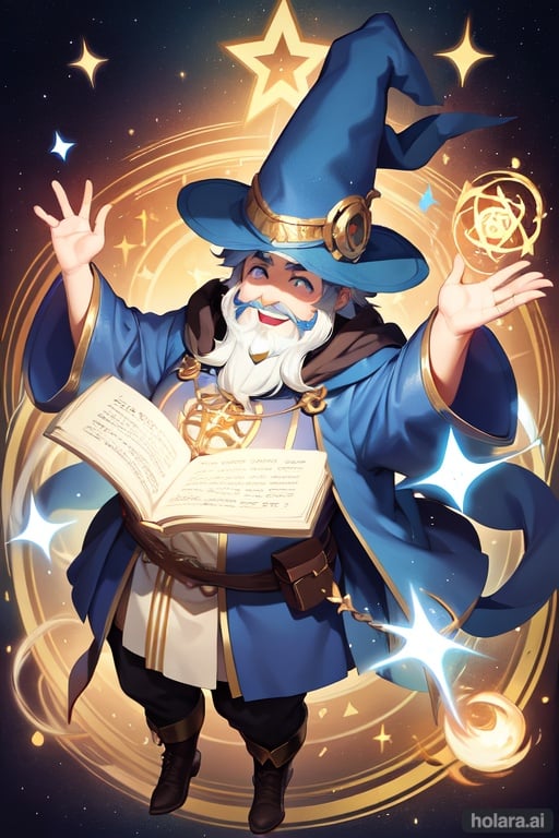 Image of Male, wizard, a little fat, jovial face, smiling, magic, spellbook, fantasy+++, runes, swirling magic, short hair, big wizard hat++, beard, happy