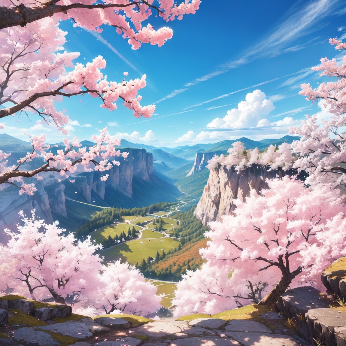 Image of A detailed vibrant world, close to the surface of the ground but still bird's eye view. Rocks, rock formations, cherry blossom trees, fir trees, oaks, maple trees, cliffs, hills, mountains, oceans, lakes, rivers, streams, forests, deer, light blue crystals in the ground. Detailed, realistic anime, open-world video game, video game style, bright lighting