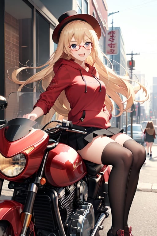 Image of masterpiece,beautiful detailed,A (sding) motorcycle the daytime city at high sd,(slow motion:1.3),(Motion blur:1.3),(sd lines:1.4),sense of sd,1girl,detailed blond hair, blue eyes, red gles,small black top hat,(red hoodie:1.3),black check skirt,(kantoku style:1.5),(smile:1.3),(cute:1.5),slightly larger breasts,open mouth,thick legs
