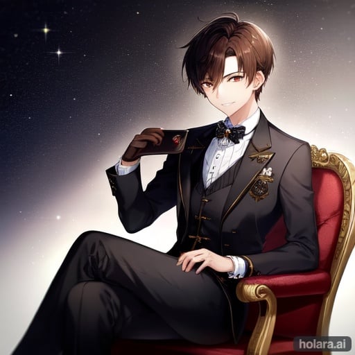 Image of high-quality, 1boy, solo, 17 years old, dynamic angle, sitting, crossed legs, medium shot, looking away, prince, smile, dark+ brown++ extra (short hair)---, Pixie cut, All ears are out, red eyes, luxurious+ classy+ formal wear, dark blue++ cravat++, bowed, dark blue gloves, moonlight++, night garden++
