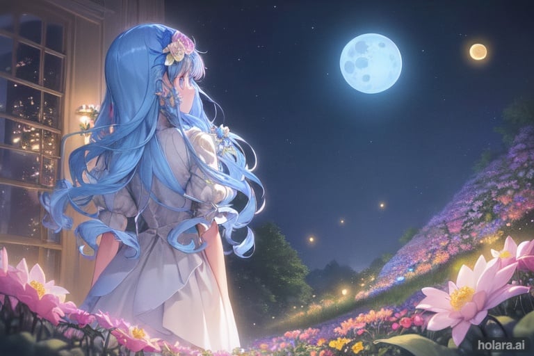 best quality+++, ultra detailed++, illustration, cute+, cinematic light, light effect, beautiful, flower garden, evening, light from flowers, Frog Eye View, staring at the moon, firefly light, lots of fireflies, Moonlight, blue hair, glowing, glow, eyes see the moon, body looking at the moon, back to the camera