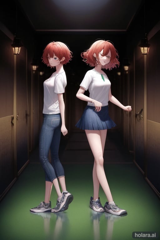 Image of (masterpiece), best quality, expressive eyes, perfect faces, 2girls, two girls standing near each other, back to back, in the middle of a room, two fifteen years old girls, one fifteen years old girl, long brown hair, long hair, brown eyes, full body, white T-shirt, blue jeans pants, tennis shoes, scared expression, one fifteen years old girl, short red hair, short hair, green eyes, full body, green blouse, blue long skirt, Mary Jane shoes, scared expression, crying, inside a hall, darkened hall, ruined hall, haunted hall, floating ribbons, green ribbons, ribbons reaching for the girls