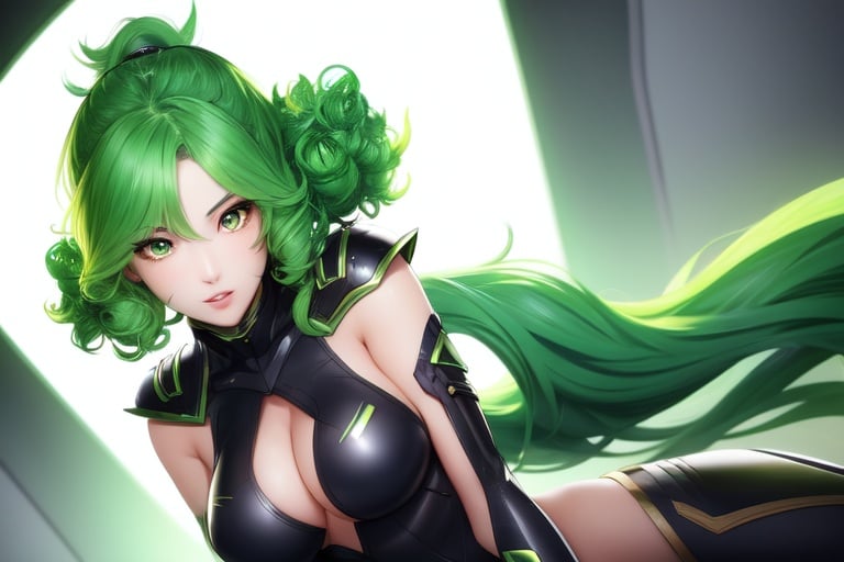 Image of 1girl, solo, green hair, amber eyes, curly hair, pointy ears ,tecnology fantasy