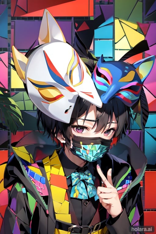 Image of 1boy, mask+++, mosaic+++, colorful+++, suit++, short hair+