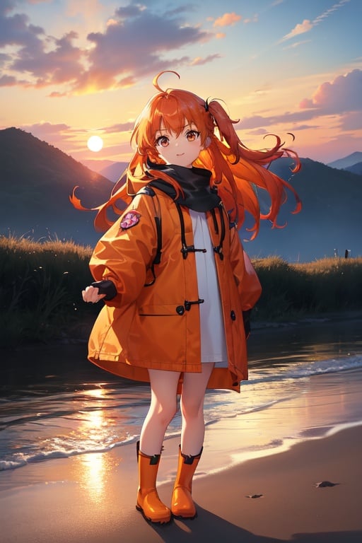 Image of 1girl, orange tone hair, colorful, cute hair, long hair, red raincoat, holding a star, yellow srcunchie, orange eyes, sunset sky, clouds, , kid, young girl, falling, stars, sunset, pink rainboots, ahoge, 