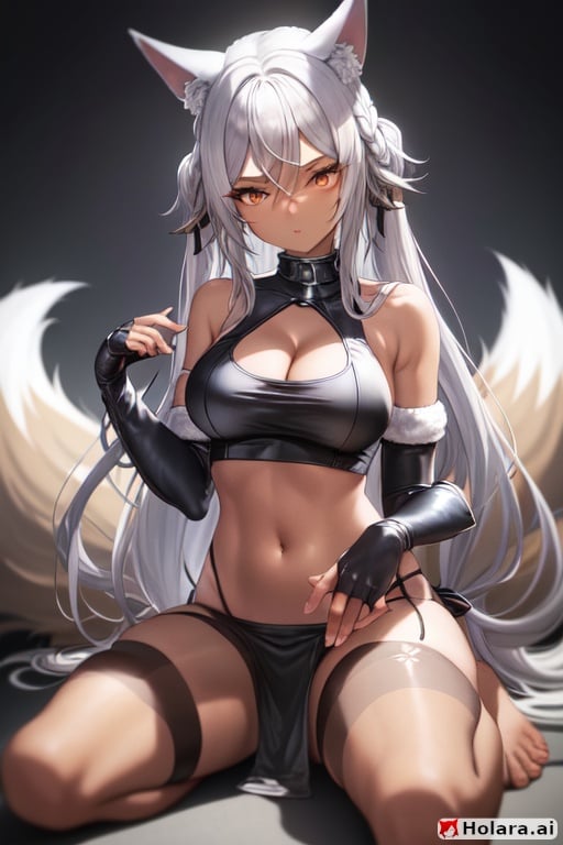Image of  1girl, animal ears, barefoot, bird, breasts, silver hair, cleavage, elbow gloves, fingerless gloves, fox tail, gloves, halterneck, large breasts, leg warmers, long hair, midriff, navel, solo, tail, dark skin