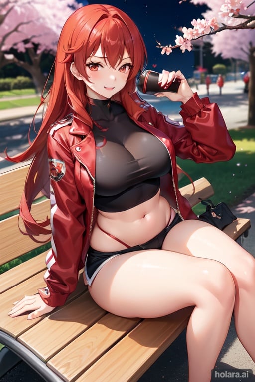 Image of Himeko murata(honkai star rail), red hair, adult woman, detailed face, glowing face, glowing hairs, long hairs, big breasts, large breasts++, thick thighs, golden eyes, big eyes, thick eyebrows, perfect eyelashes, red lips, seductive smile, shy blush, yandere, hair ornament, jwellery, black highneck,  long sleeves, red jacket, open clothes, navel shorts, sitting on bench, perfect anatomy, perfect lightning, perfect shadow, complex background, solo focus, dynamic pose, holding coffee mug, perfect cherry blossom, focus on female, 8k HDR UHD, 