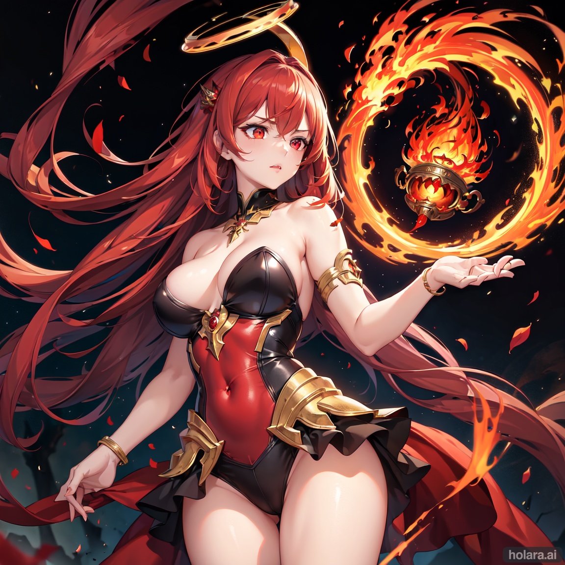 Image of masterpiece++, best quality++, ultra-detailed+, red fire, fire halo, girl, fire phoenix, vribant colors, demon queen, evil eye, armor