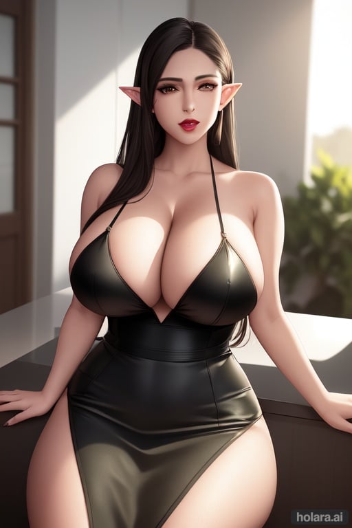 Image of realistic, ray tracing, sunlight, (masterpiece), best quality, expressive eyes, perfect face,detailed eyes, elf ears, green eyes, cherry lips, mature woman, curvy, busty, (huge breast:1.8), seductive, tight skirt, blouse, (olive skin), (tanned skin), Hispanic, sitting, chair,