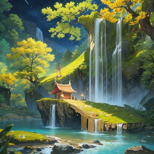 Image of masterpiece,high quality,highly detailed, no human++, night++, traditional media, scenery, nature+, Asian, jangle, no water drop,