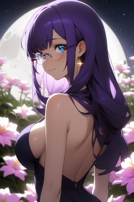 Image of masterpiece++, best quality++, ultra-detailed+, extremely detailed++, 4K, 8K+, best quality, beautiful+, anime style, back (of body), moon, Starry sky, a pretty woman, solo, dress, beautiful purple hair, beautiful blue eyes, beautiful eyes++, long hair, large breast, slim, slender, gles, flowers, light smile, shiny