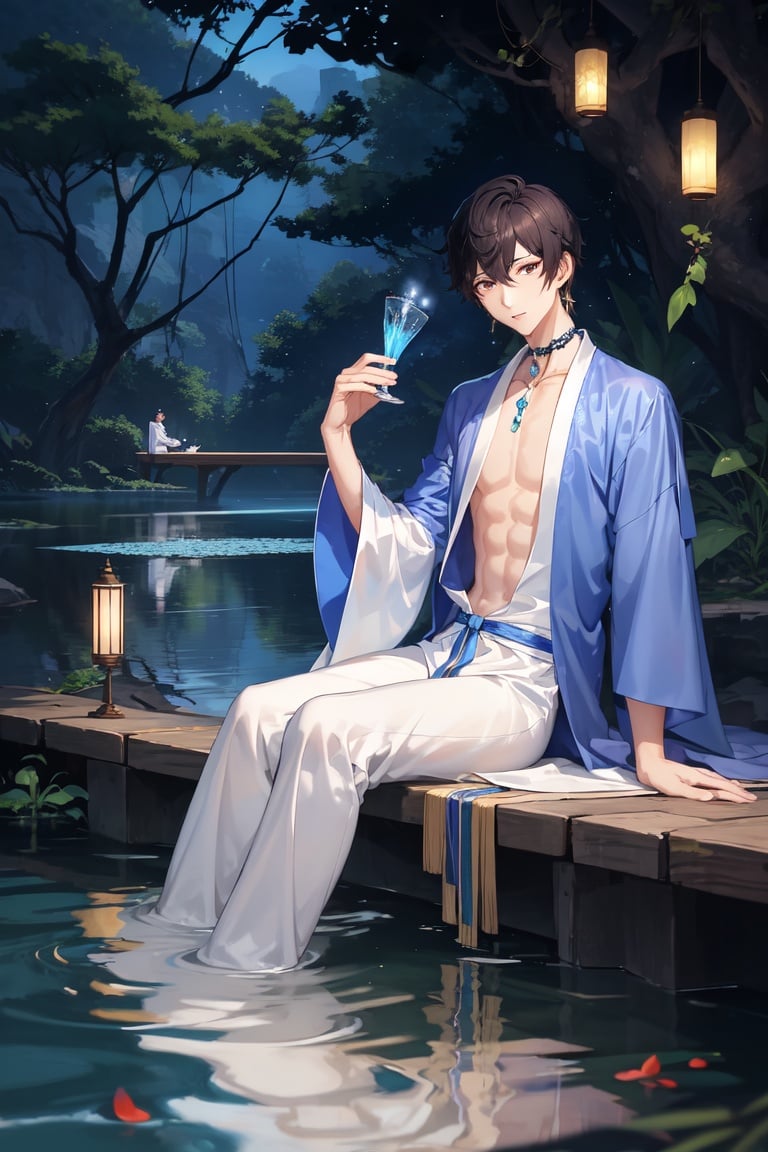 Image of slender Thai male water sprite wearing an open blue robe and oriental choker with white pants and a simple diamond earring sitting by the lake at dusk