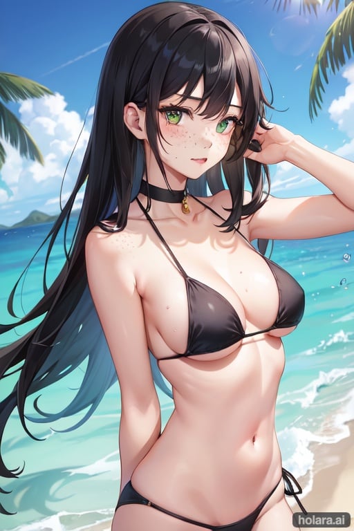Image of green eyes, freckles, shoulder-length black hair, Japanese girl, sexy body shape, bikini swimming suit, cute appearance., simple background