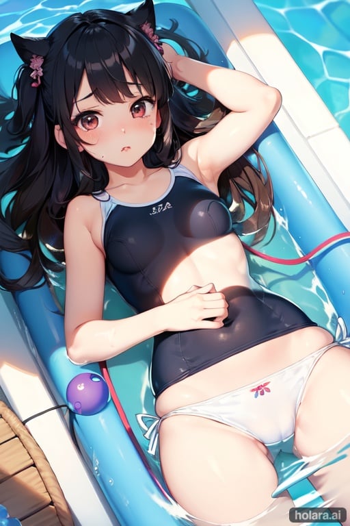 Image of masterpiece++, best quality++, ultra-detailed+, kawaii++, cute, lovely+, illustration, look down from above, pool, a little girl, , solo, school swimwear, beautiful black hair, beautiful brown eyes, beautiful eyes++, buttocks, flat breast, tiny breast, crying