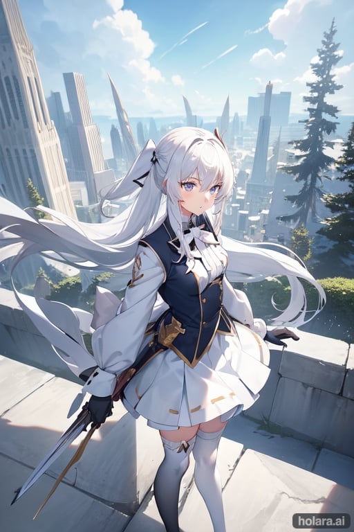 Image of White haired, female, long hair, school uniform,  gloves, grey eyes, holding  bow (weapon), scenery, long sleeves, scenery,  Side Angle, hair ornament, hair between eyes, ruins , skirt, ribbon, high quality, protecting, pov, original, magical girl, thigh highs, standing, blue sky,  good quality, greyscale with colored background, high quality, field of blades, closed mouth, forest, cloud